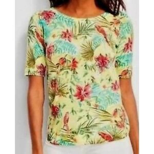 Talbots Womens Floral Bird Knit Boat Neck Pullover Sweater Yellow Petite Size 2X